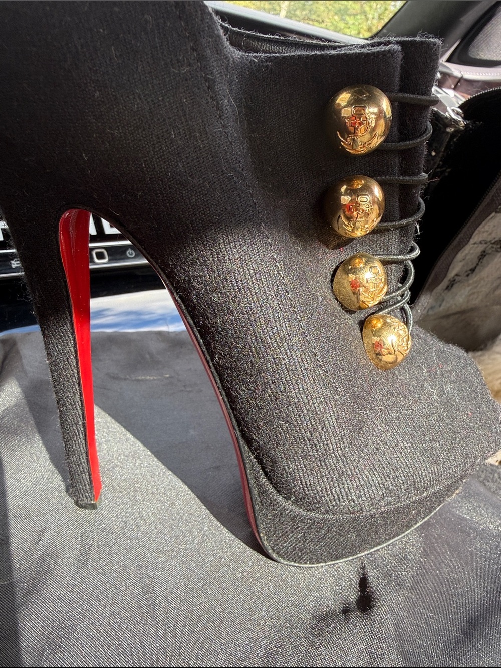 Christian Louboutin Black Suede Platform Booties with Red Soles and Gold Buttons